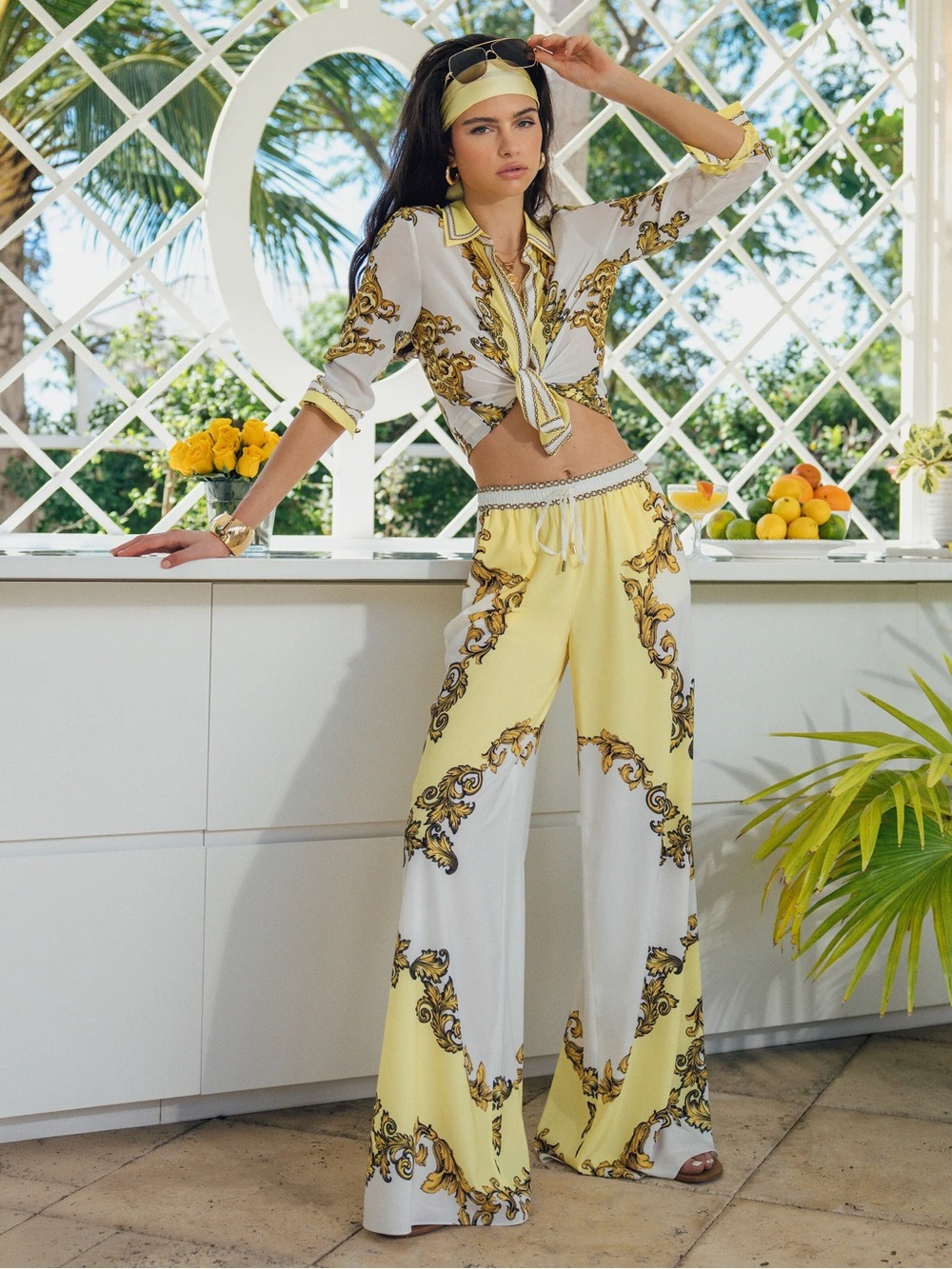 Alice and Olivia Wide-Leg Printed Drawstring Pants - Yellow/White - Picture 3 of 3